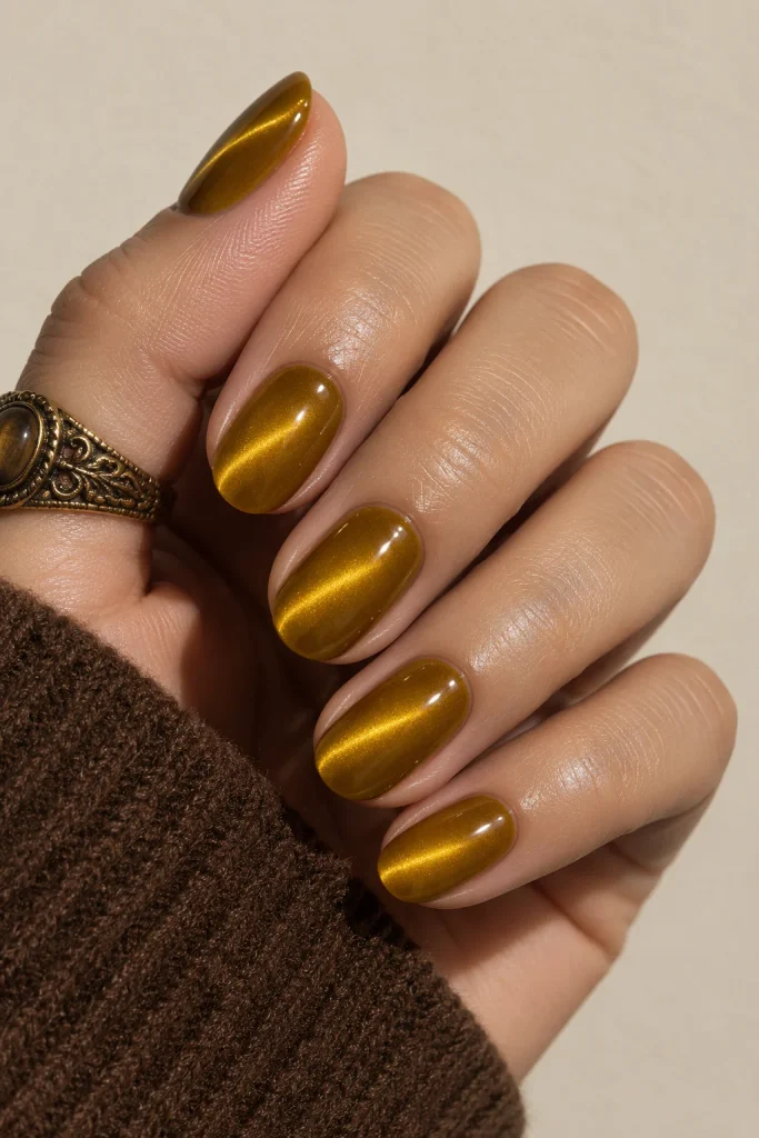 Short mustard yellow velvet cat-eye nails with glow