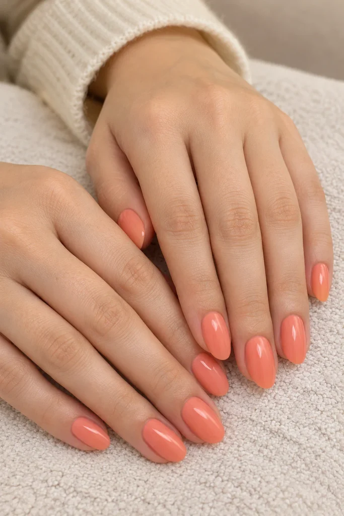 Woman protecting fresh coral manicure while relaxing