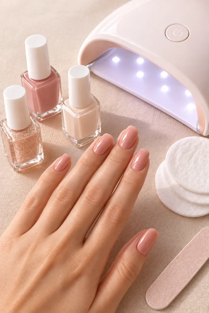 Different nail polish types with LED lamp and supplies
