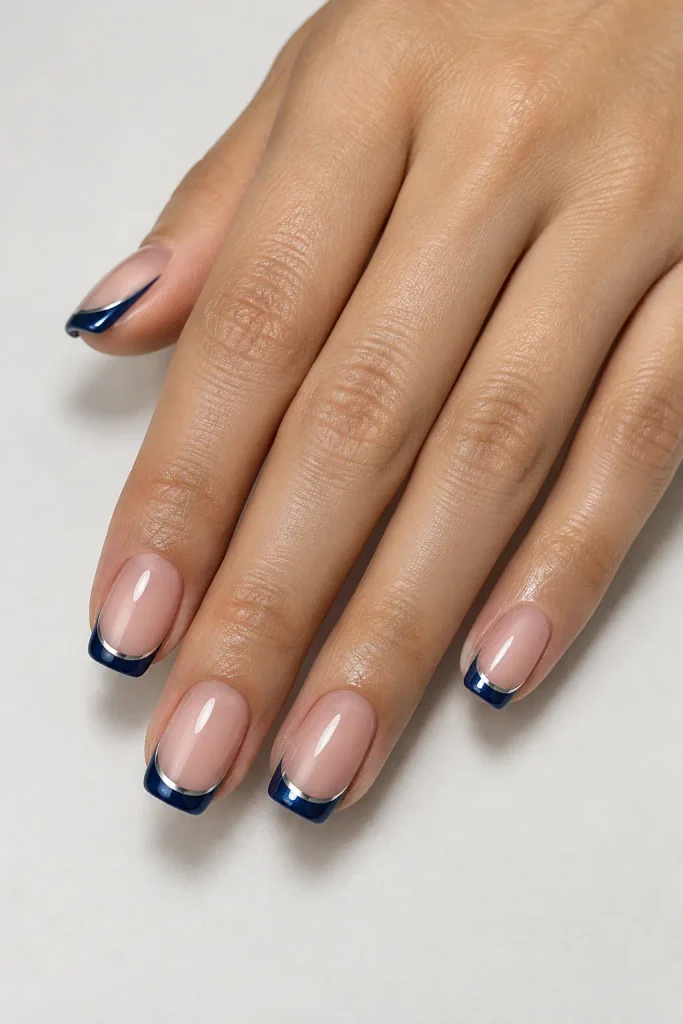 Sheer nude wedding nails with glossy navy chrome French tips.
