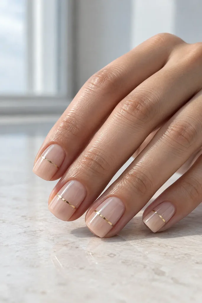 Minimalist bridal nails featuring negative space and thin gold lines