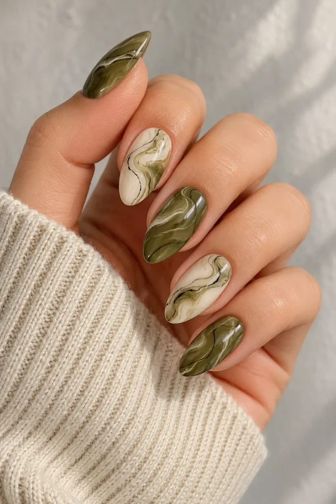 Olive green and cream marble swirls on almond nails