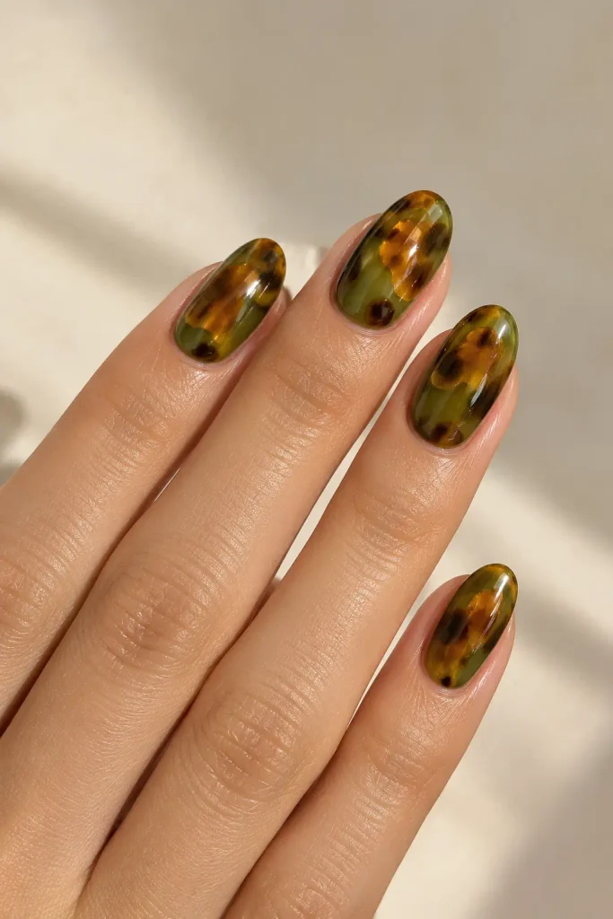 Olive tortoiseshell nails with translucent amber and brown spots