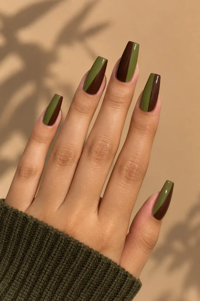 Olive green and chocolate brown color block manicure