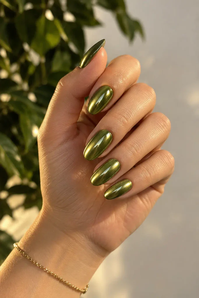 Medium almond nails featuring olive green chrome metallic shimmer polish