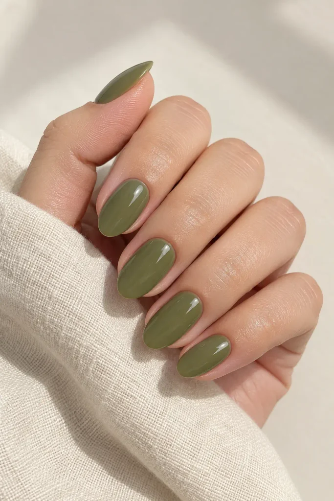 Glossy olive green nails with a smooth creamy finish