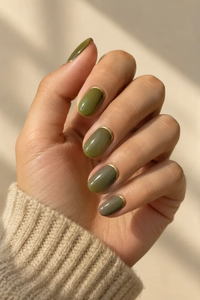 Olive green rounded square nails with a glossy finish and delicate gold accent.