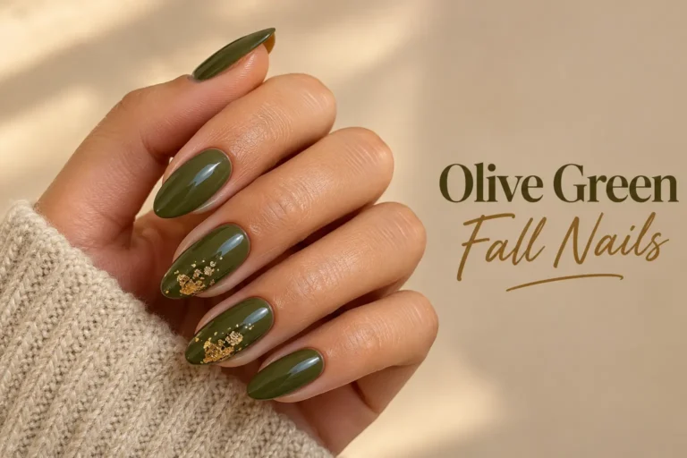 Elegant olive green fall nails with glossy autumn finishes