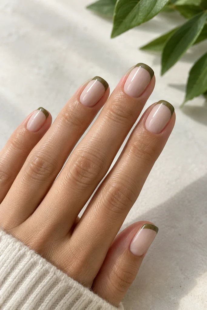 Short squoval nails featuring olive green tips and a beige base.