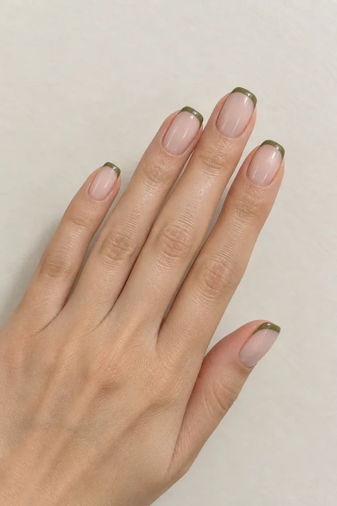 Sheer nude nails featuring elegant olive green French tips