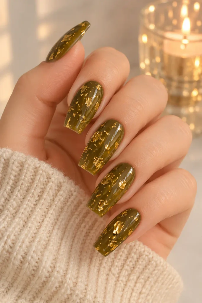 Olive green nails decorated with delicate gold foil flecks