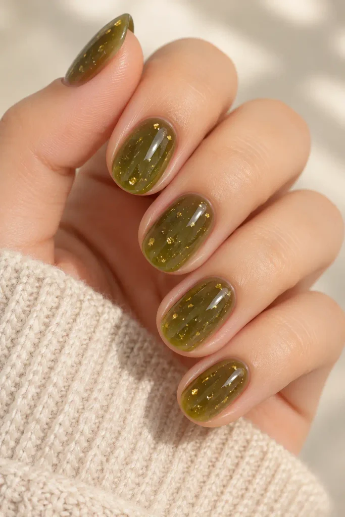 Translucent olive jelly nails scattered with golden flecks