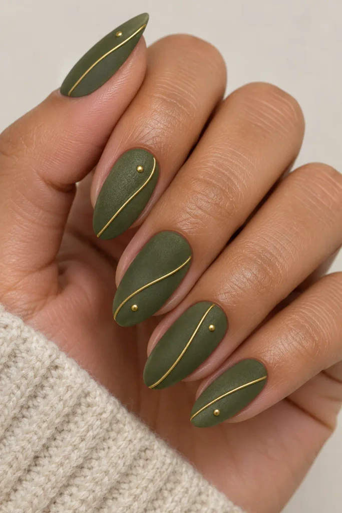 Matte olive green nails with minimal gold accents