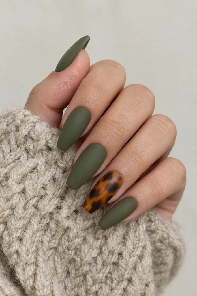 Matte olive coffin nails with amber tortoiseshell accent details