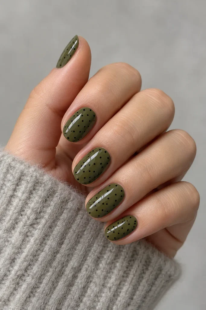 Olive green nails featuring closely spaced tiny black dots
