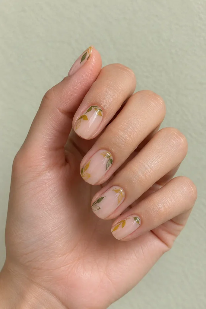 Clear glossy nails with delicate olive mustard leaf outlines