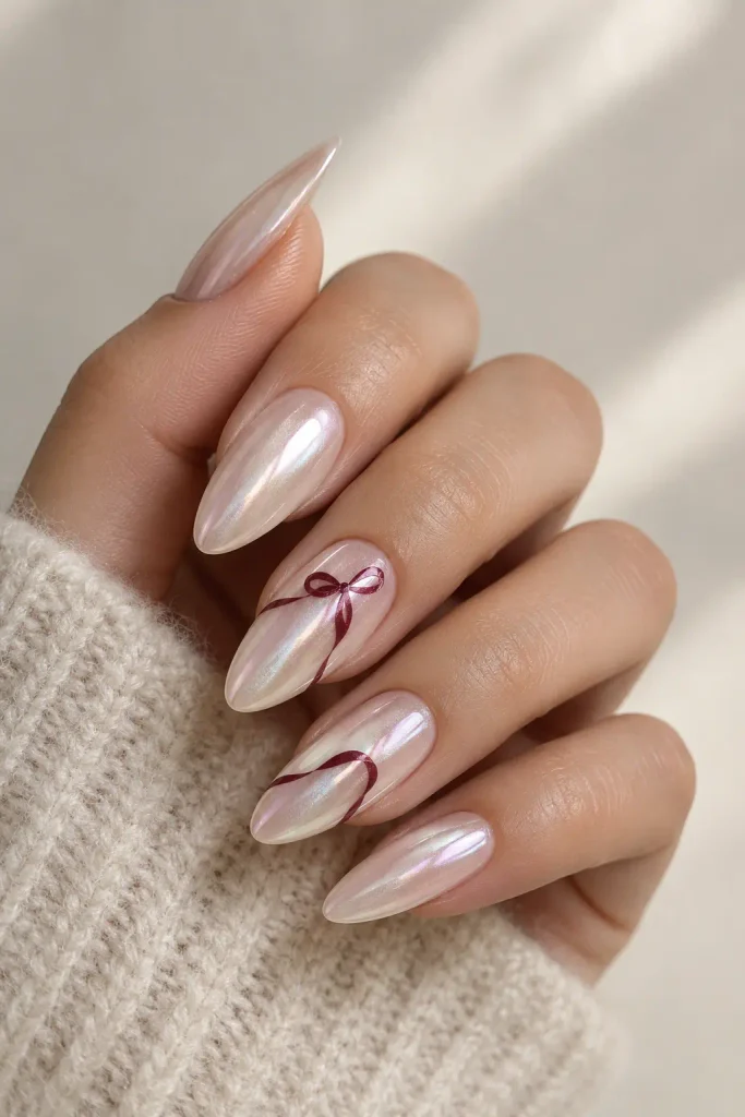 Pearl chrome nails decorated with flowing black cherry ribbons