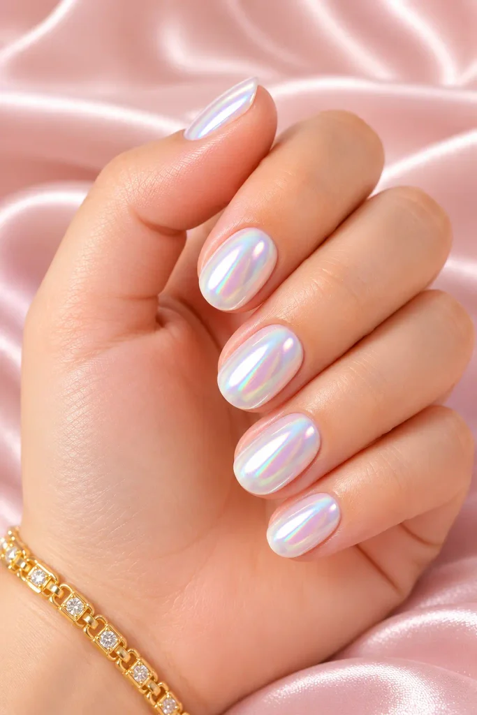 Pearl glazed white nails with a luminous chrome sheen