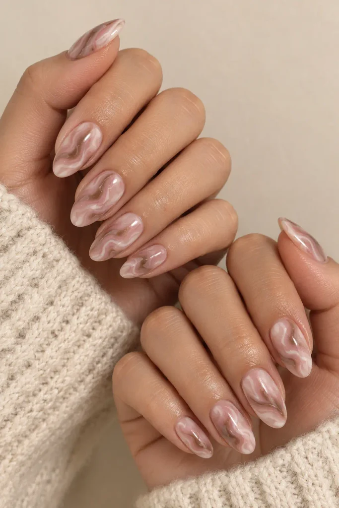 Pink and cocoa brown nails with flowing swirls