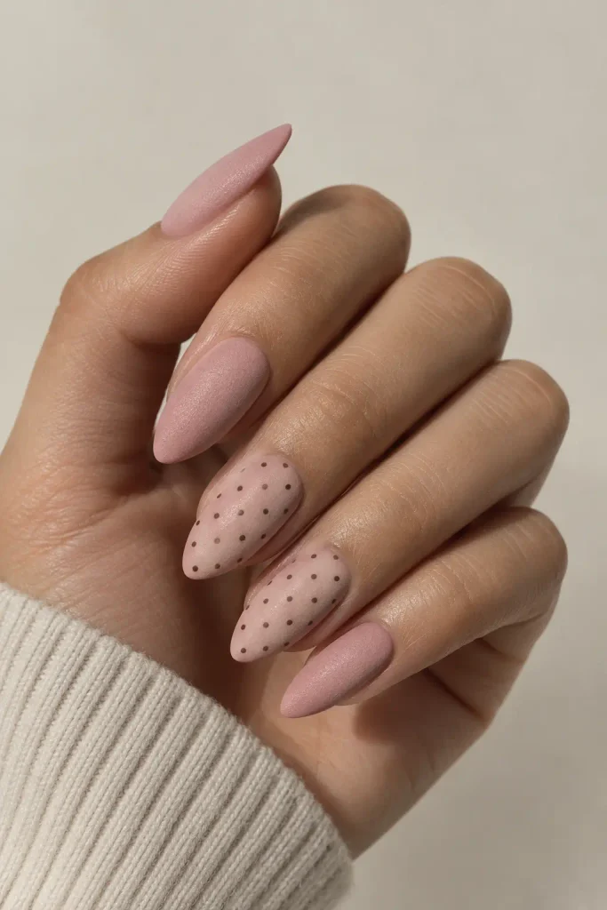 Matte pink suede nails decorated with tiny espresso dots