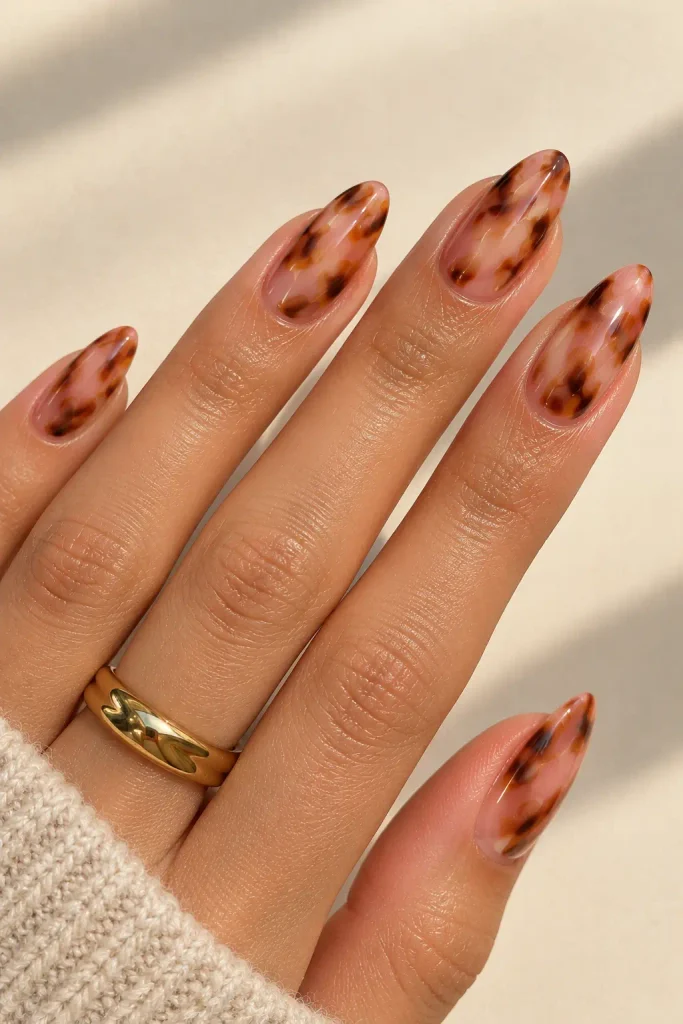 Pink tortoiseshell nails with caramel and brown patches