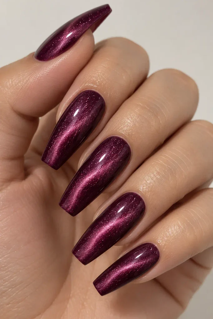 Plum velvet coffin nails featuring magnetic shimmering cat-eye effects