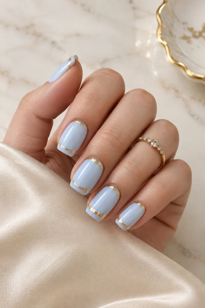 Powder blue short nails with delicate gold foil