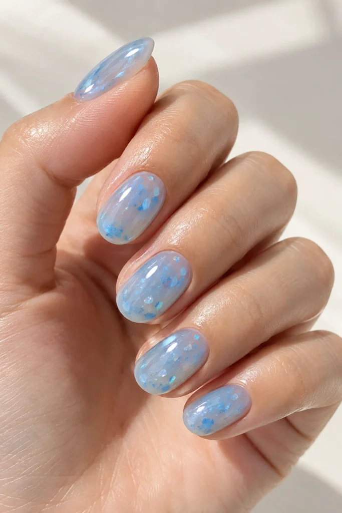 Powder blue jelly nails with floating blue flakes