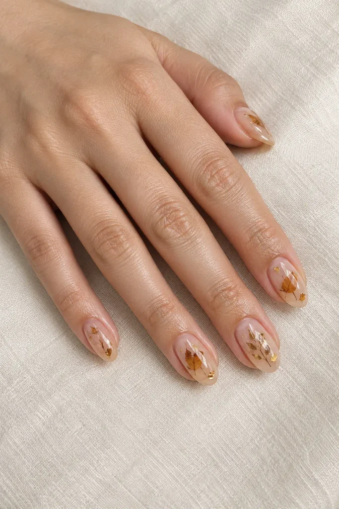 Pressed autumn leaves encapsulated in glossy milky gel nails