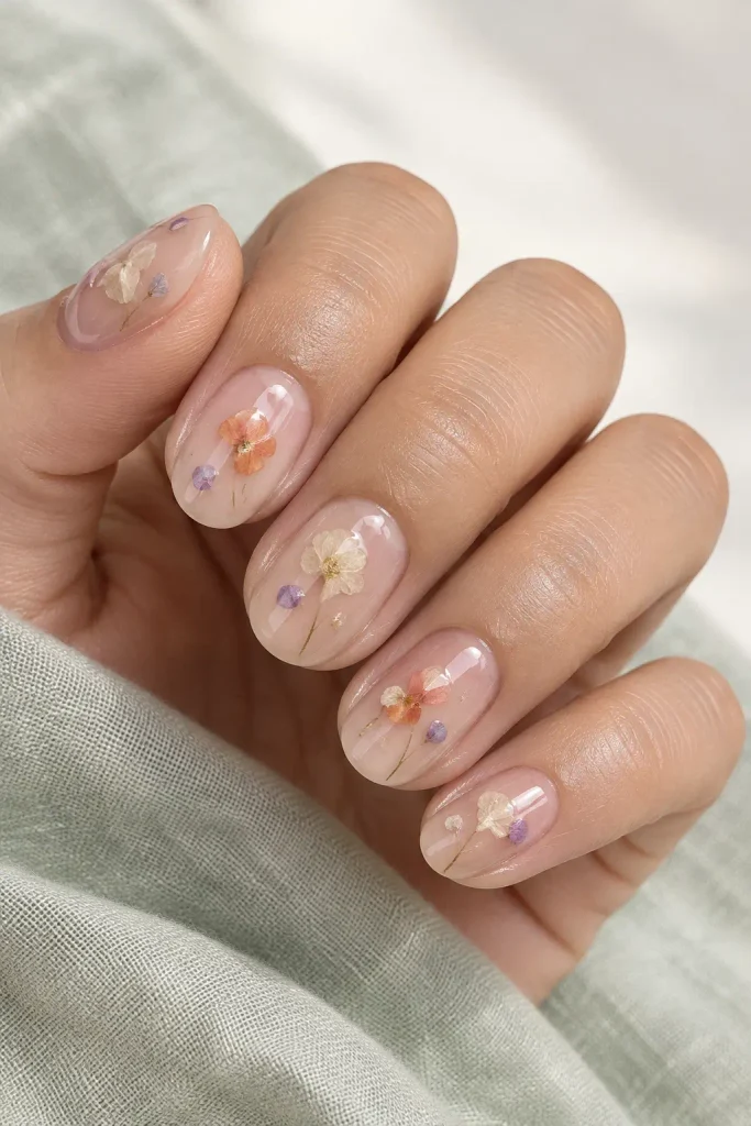 Sheer nude bridal nails with tiny pressed floral petals