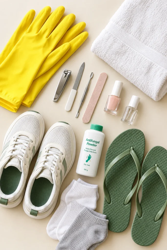Gloves socks shoes and foot powder for nail fungus prevention