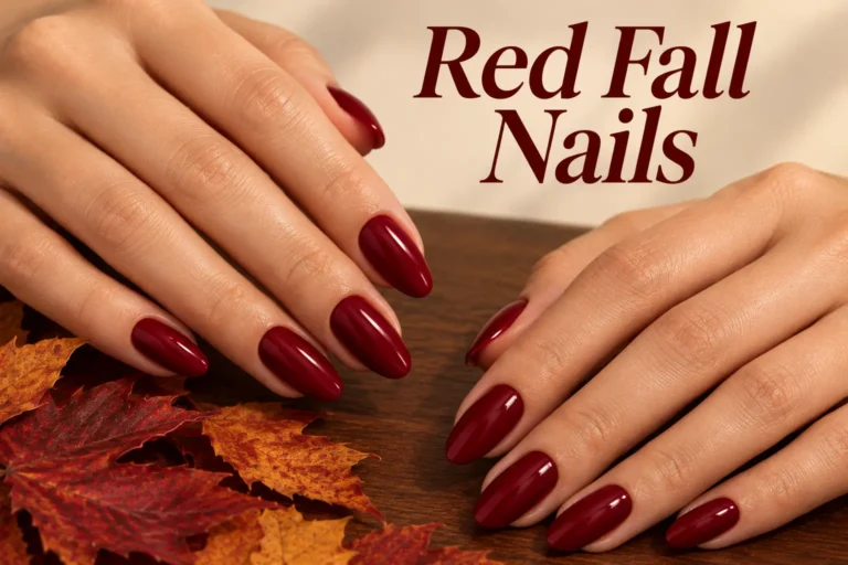 Deep cherry red fall nails with elegant modern autumn details