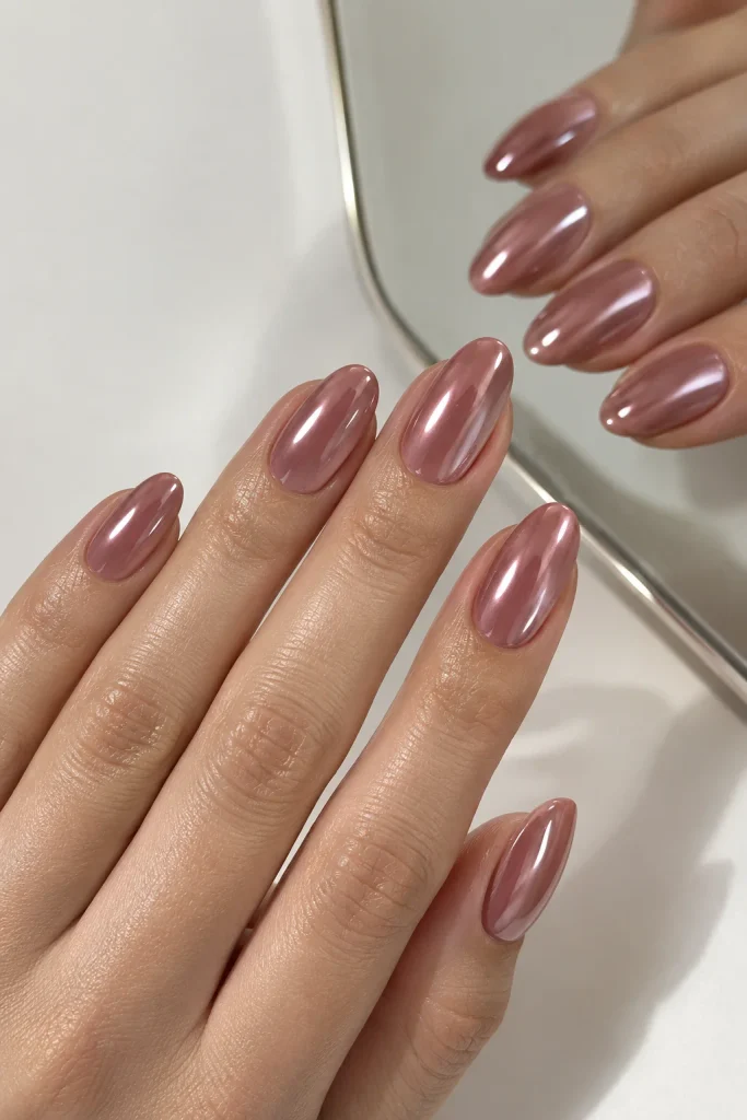 Rosewood nude nails with glazed chrome shine