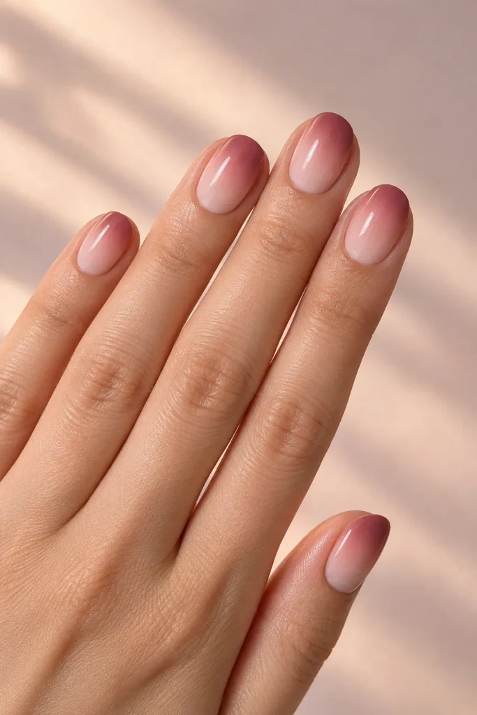Short rosewood ombre gel nails fading from blush