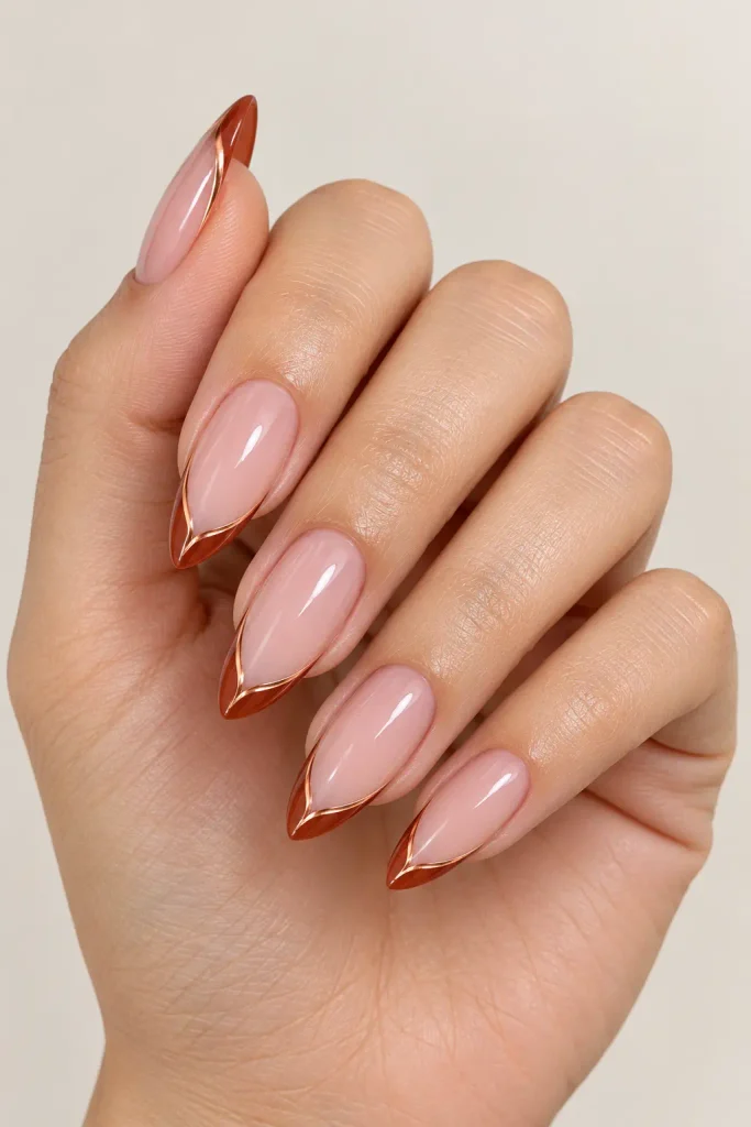 Rust French tips with curved copper leaf inspired accents