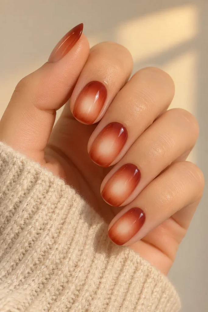 Rust and cream aura nails with soft blended gradients
