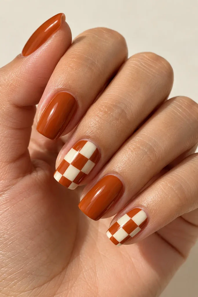 Rust and cream checkerboard nails create a retro autumn look