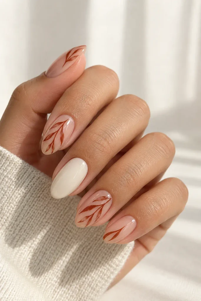 Short sheer nails with rust and cream leaf lines