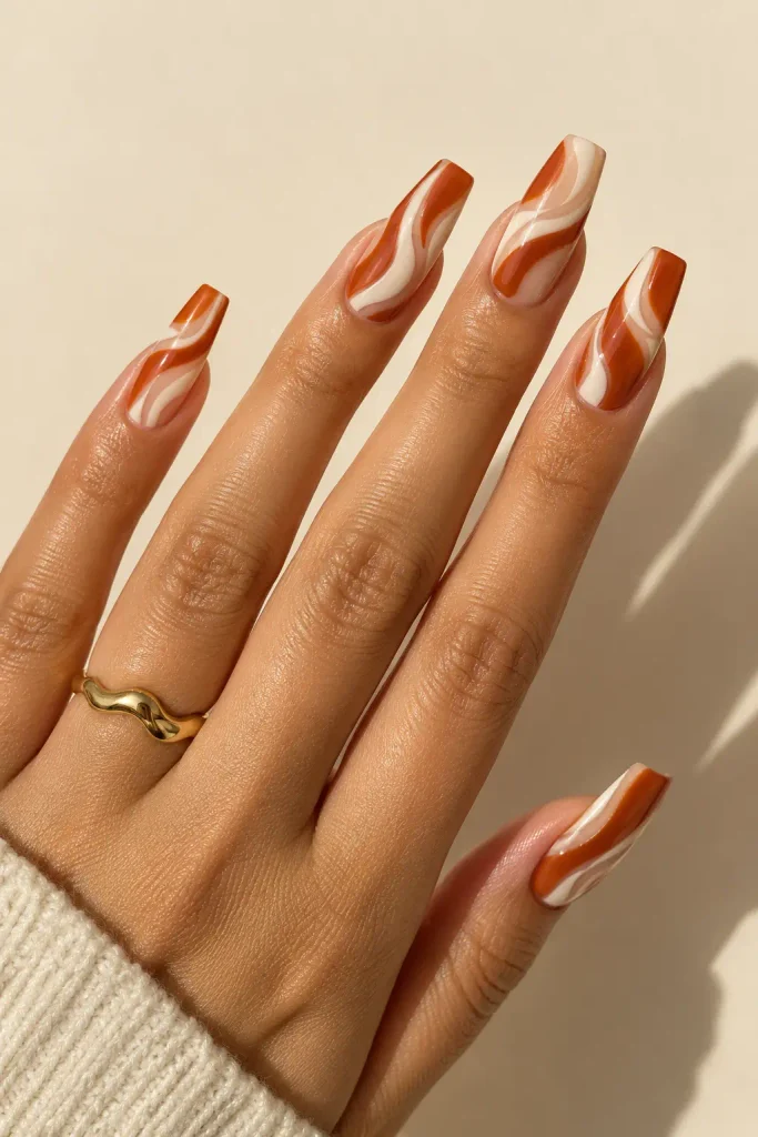 Rust orange and cream swirls across coffin shaped nails