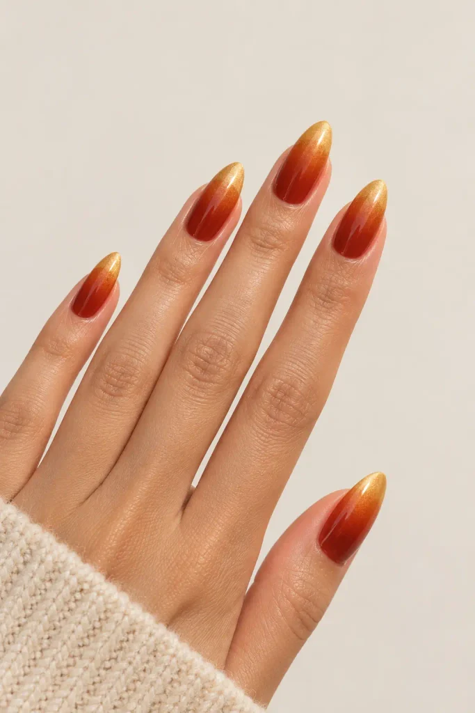 Rust to gold ombre dip nails with glossy finish