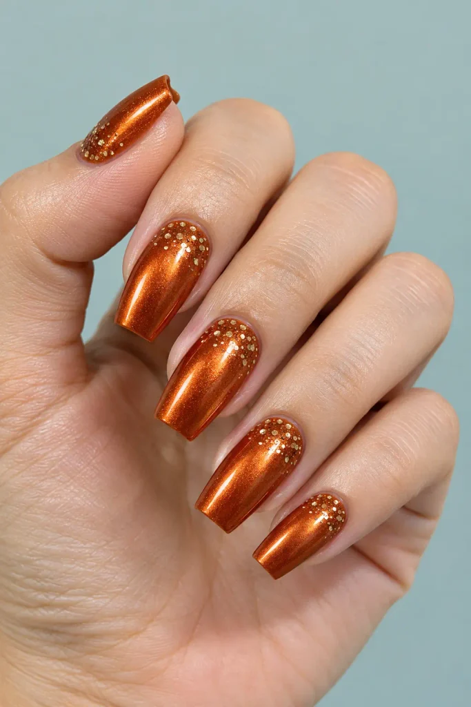 Rust orange chrome nails decorated with tiny glitter dots