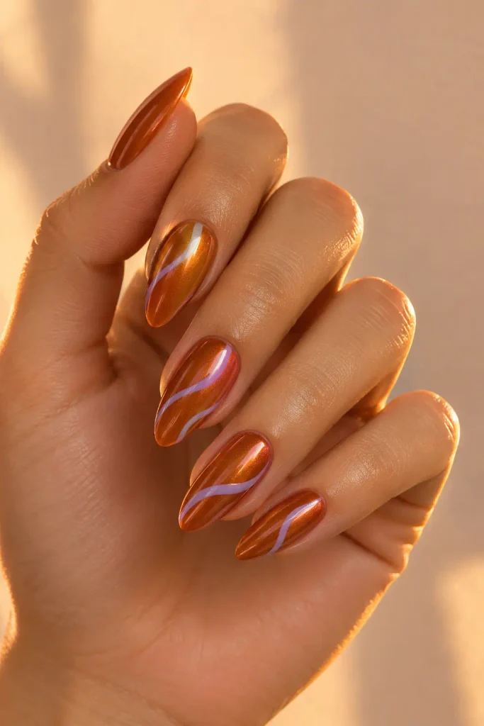 Rust orange chrome nails decorated with lavender swirls