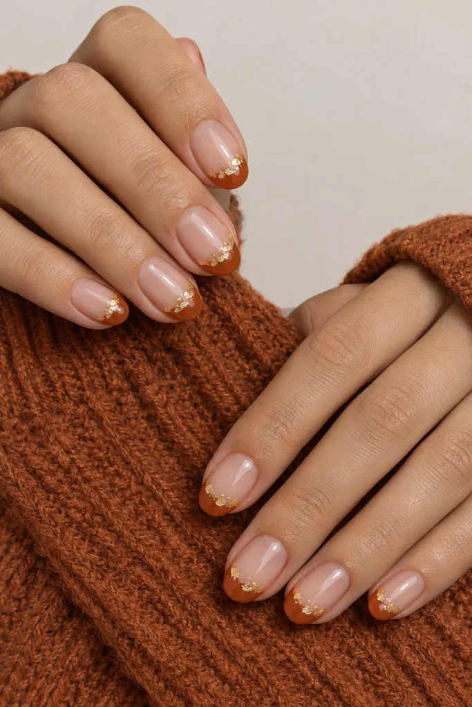 Almond nails featuring rust orange French tips and gold foil