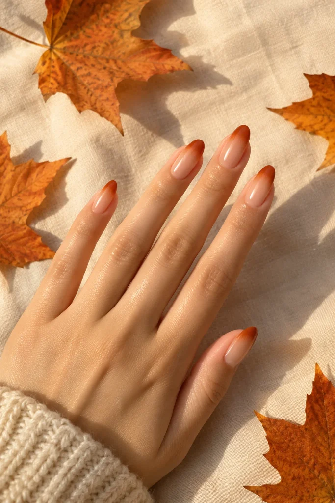 Rust orange gradient tips fading softly into a sheer peach nail base.