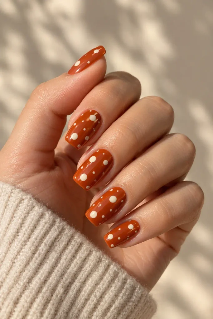 Rust orange nails decorated with mixed-size ivory dots