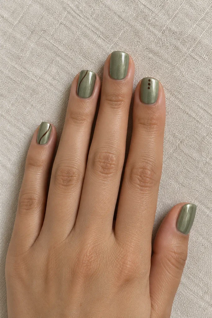 Sage green chrome nails with delicate chocolate brown details