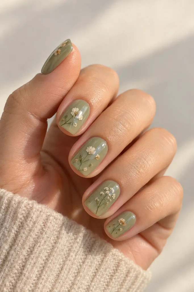 Sage green nails decorated with tiny delicate dried flowers