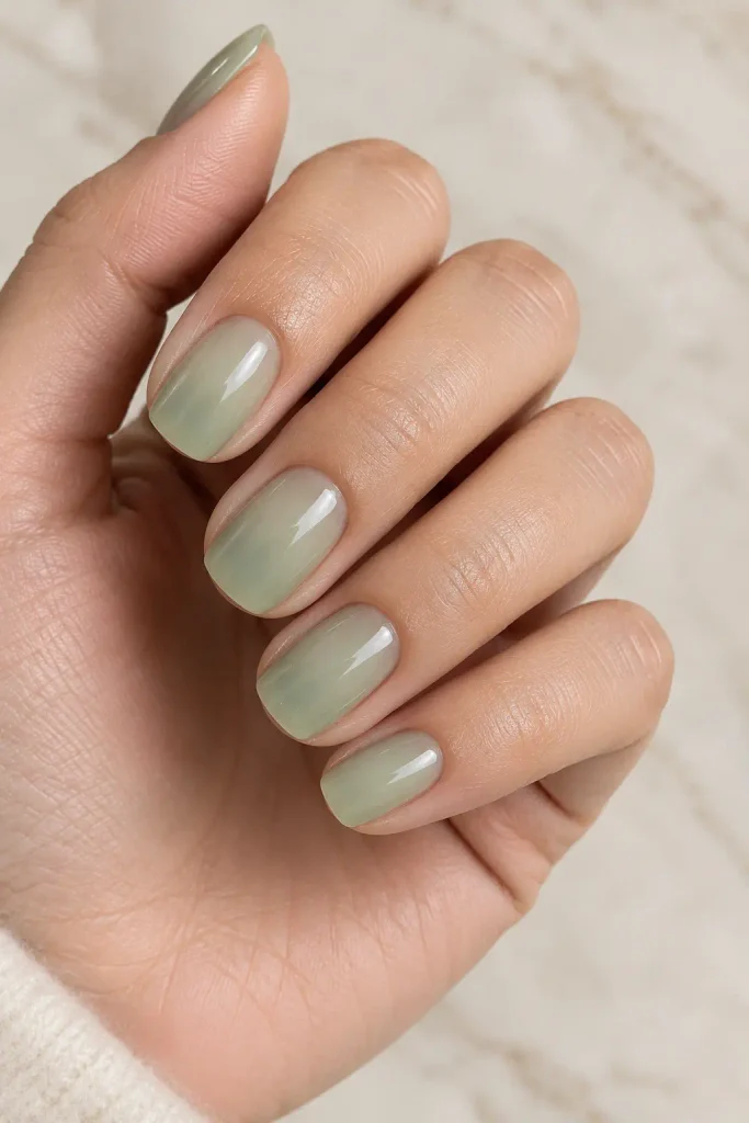 Soft sage green milky nails with sheer glossy color