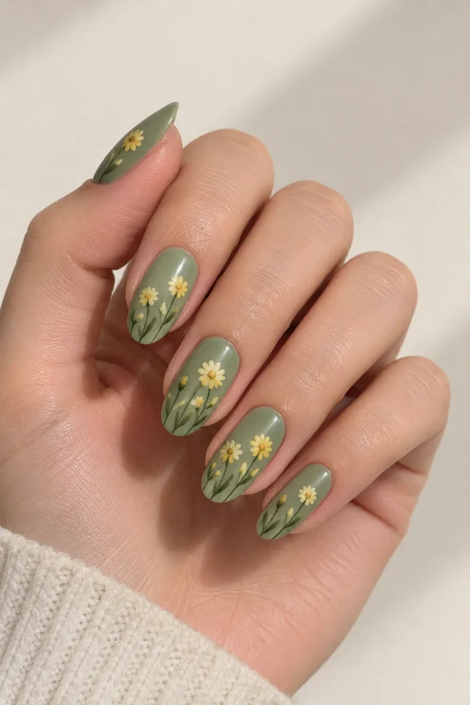 Sage green nails with yellow daisies and painted stems