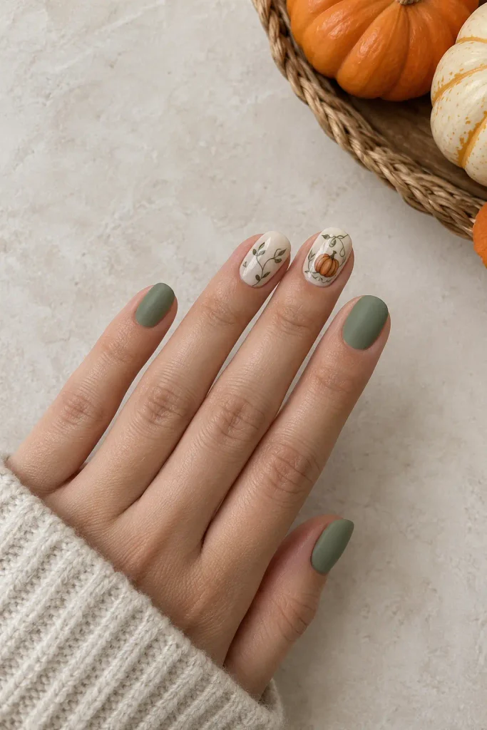 Short sage nails feature delicate vines and tiny pumpkins